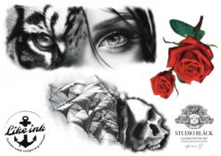Tatueringsdesign av Helene på Studio Bläck. Köp hennes design i form av engångstatueringar med motiv som ros, döskalle och tigeransikte.