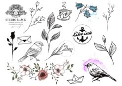 Gnuggis-tueringar med motiv av växter, fåglar, grenar och blommor. Vacker tatuering