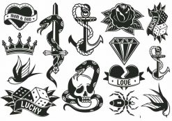 Oldschool Tatueringssymboler, diamant, tärningar, svala