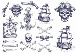 Handritade pirattatueringar, skelett, pirat, skattkarta