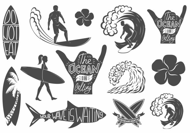 Surfmotiv engångstatueringar. Hang loose, svarta surf tatueringar. Våg tatuering.