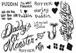 Harley Quinn tatueringar. Harley Quinn tatuerings-samling, Gnuggis, fejk tatuering, barntatuering, maskerad tatueringar tjejtatuering.