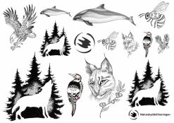 Naturskyddsföreningen tatueringar med motiv av varg, tumlare och Lo.