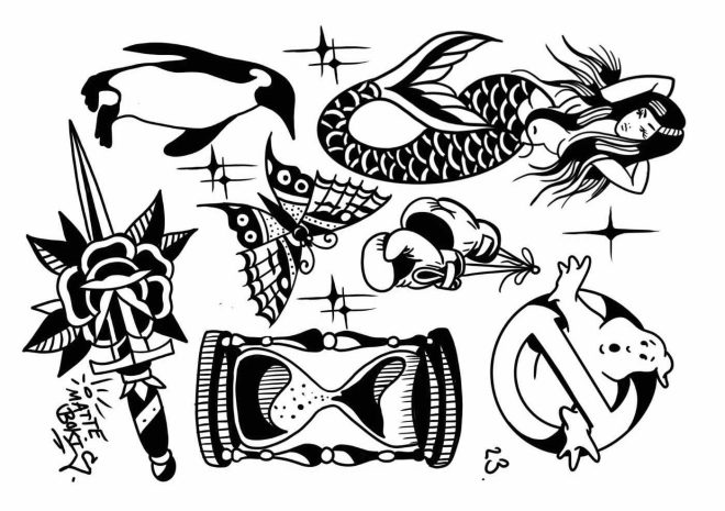 Black n gray temporära tatueringar med motiv av sjöjungfru, boxhandskar och timglas. Real Fake Tattoos av Like ink.
